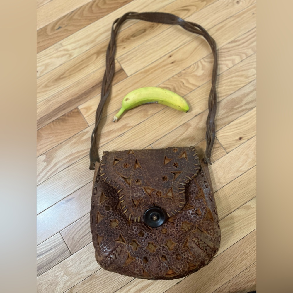Brown Leather Crossbody Bag vintage antique handmade hand tooled leather